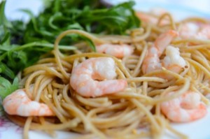90 garlic prawns and spaghetti